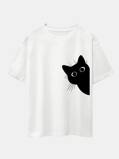 Severo® | Black Cat Print Drop Shoulder Oversize T-Shirt