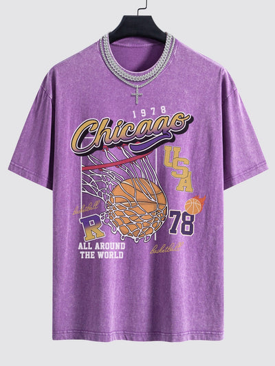Lino® | Chicago Basketball Print Washed Drop Shoulder Oversize T-Shirt