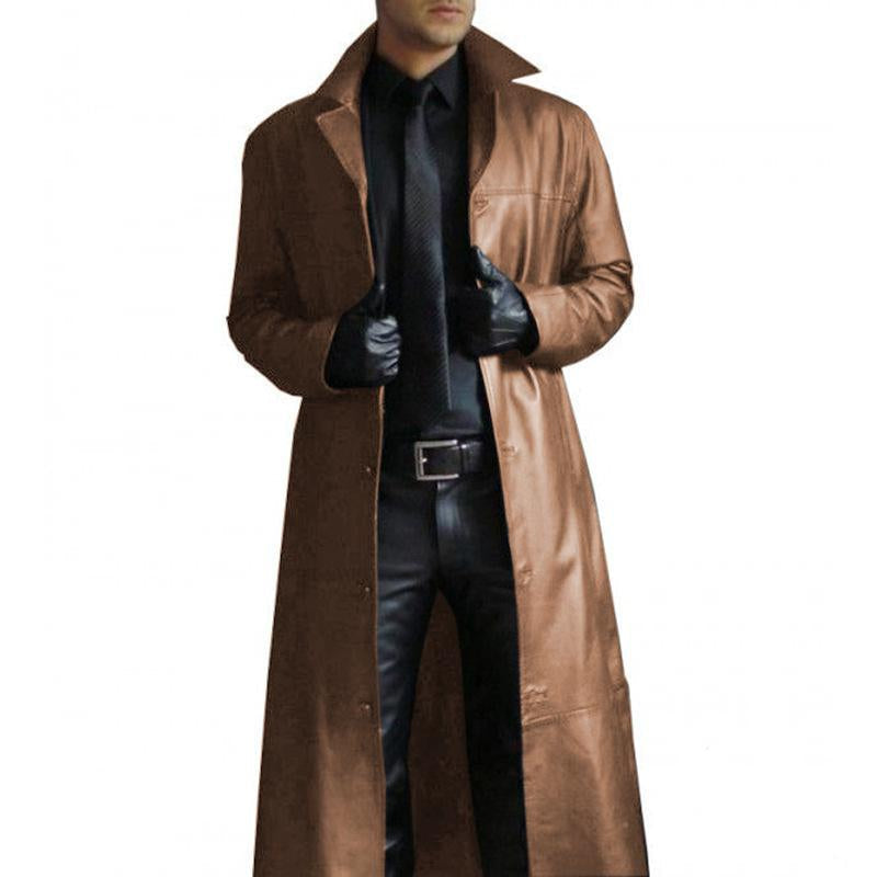 Men's Vine Solid Color Lapel Leather Trench Coat