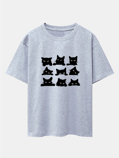Atanasio® | Black Cat Staring Print Drop Shoulder Oversize T-Shirt