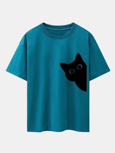 Severo® | Black Cat Print Drop Shoulder Oversize T-Shirt