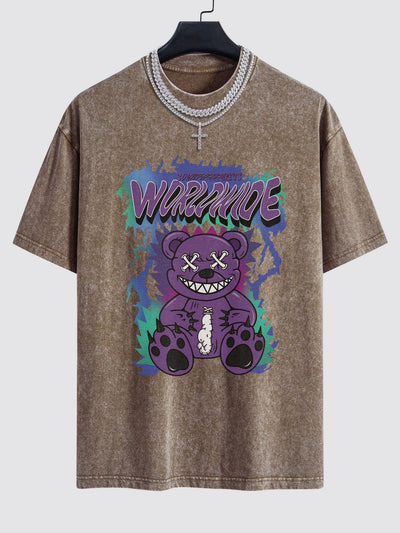 Jeremy® | Tattered Bear Print Washed Drop Shoulder Oversize T-Shirt