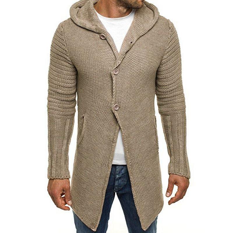 Men's Casual Hooded Single Breasted Long Sleeve Mid Length Knit Cardigan