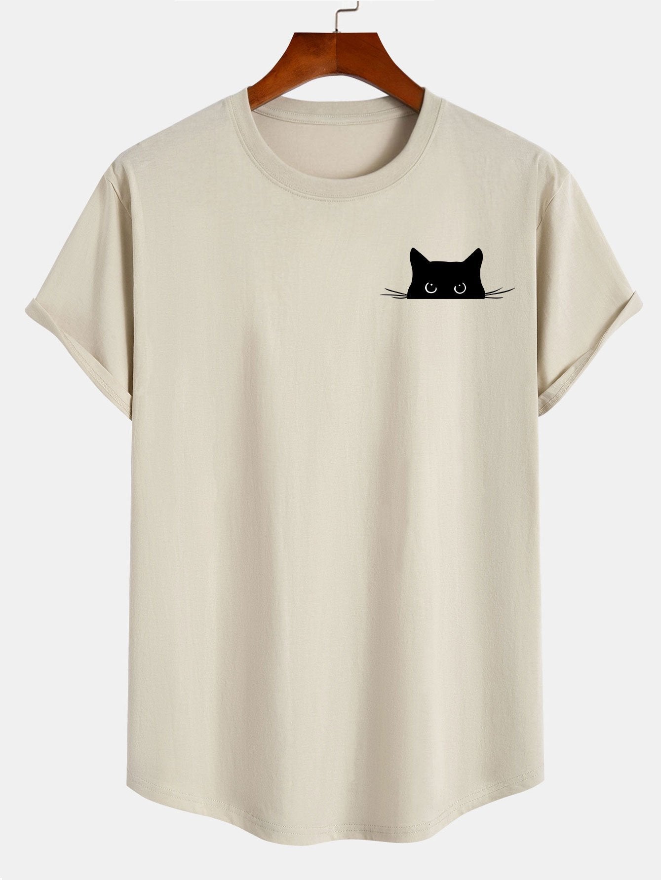 Yerai® | Black Cat Print Cotton Arc Hem T-Shirt