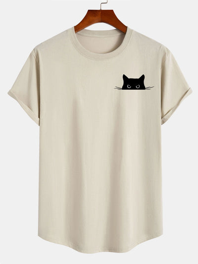Yerai® | Black Cat Print Cotton Arc Hem T-Shirt