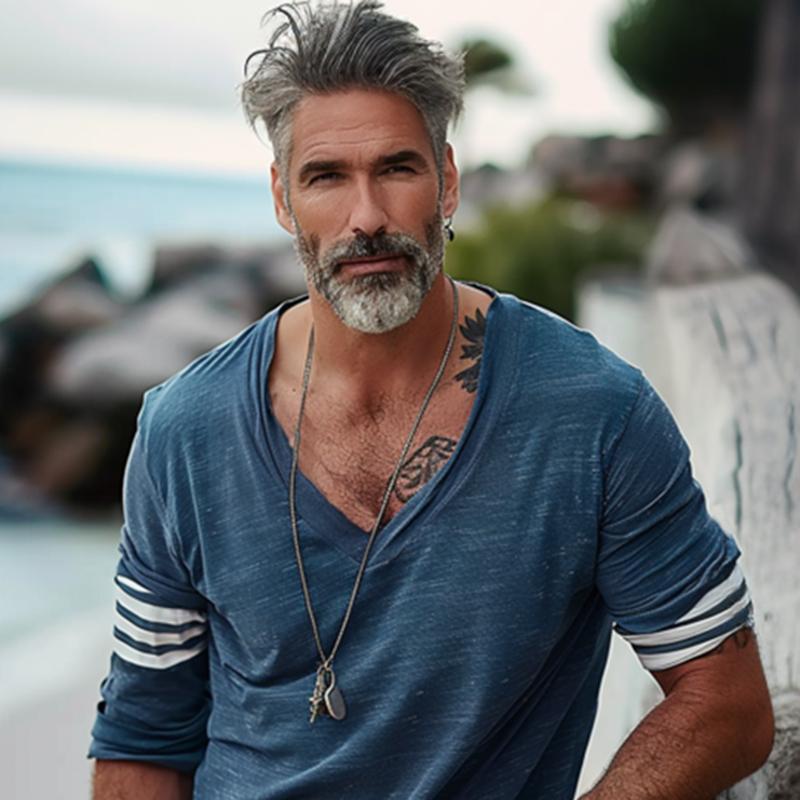 Men's Loose V-Neck Striped Patchwork Cotn Long-Sleeved T-Shirt