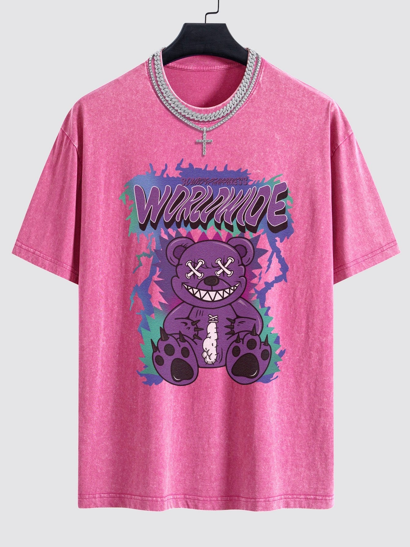 Jeremy® | Tattered Bear Print Washed Drop Shoulder Oversize T-Shirt