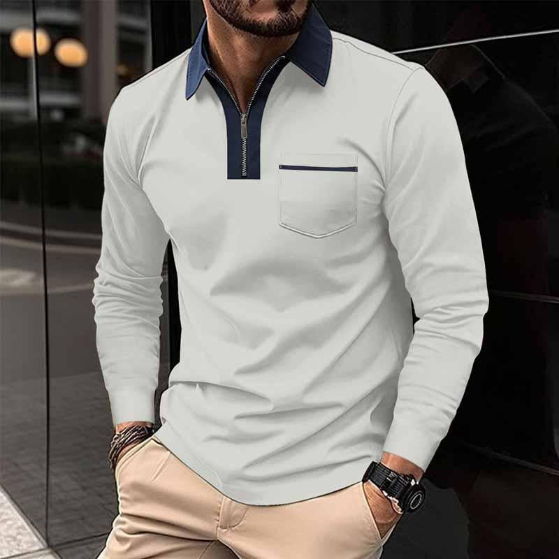 Men's Color Block Pocket Long Sleeve POLO Shirt