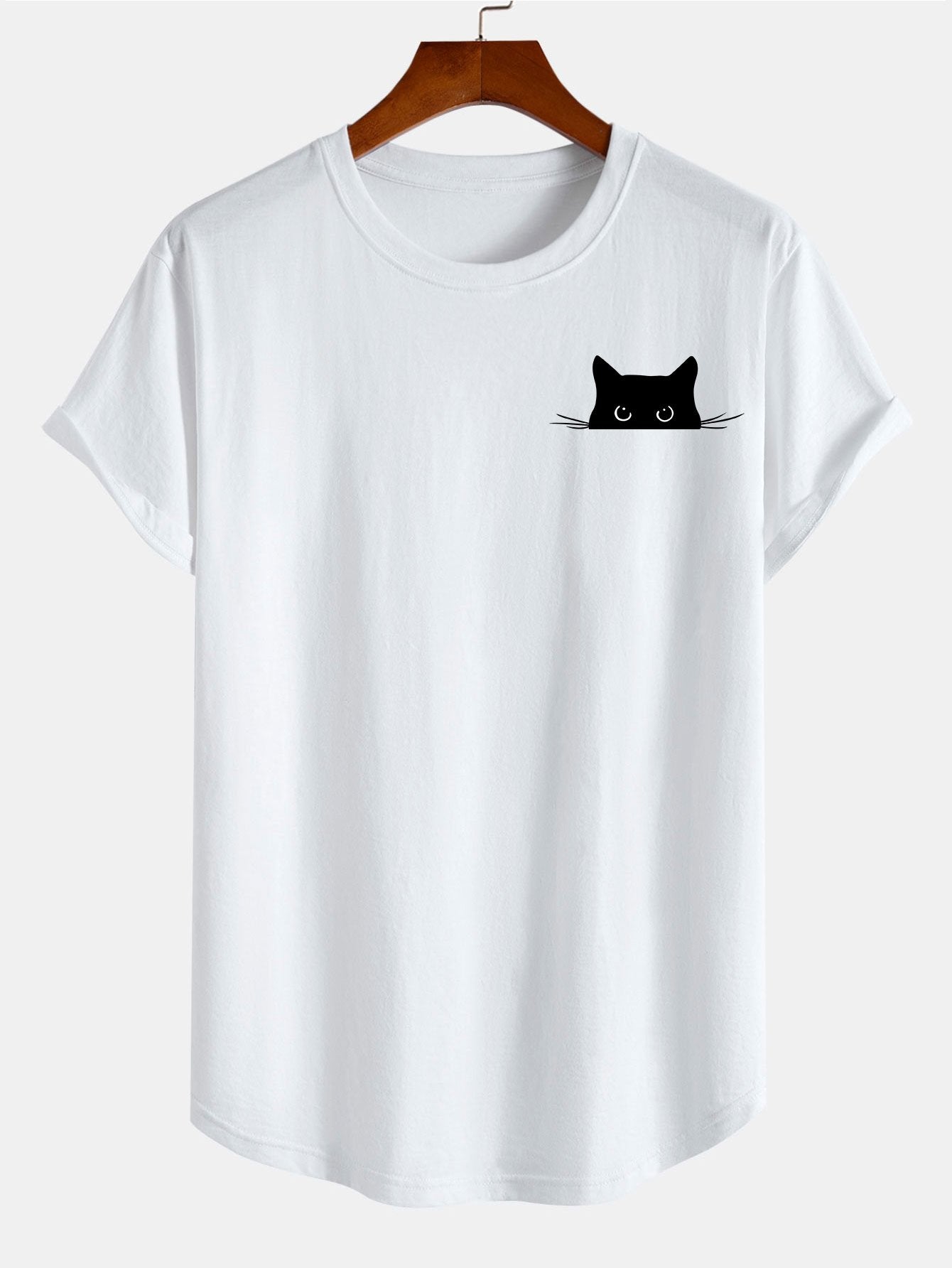 Yerai® | Black Cat Print Cotton Arc Hem T-Shirt