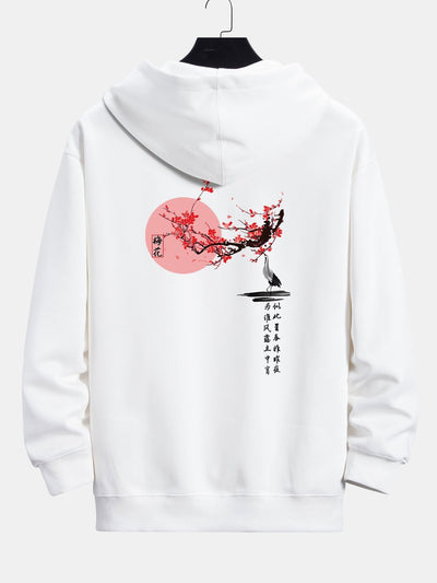Larry | Plum Blossom And Crane Back Print Relax Fit Hoodie