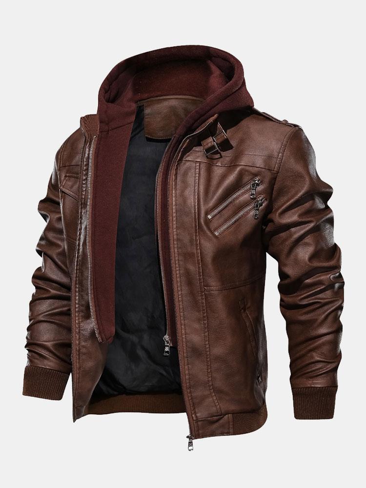 Hawke | Detachable Hooded Zip Up PU Leather Jacket