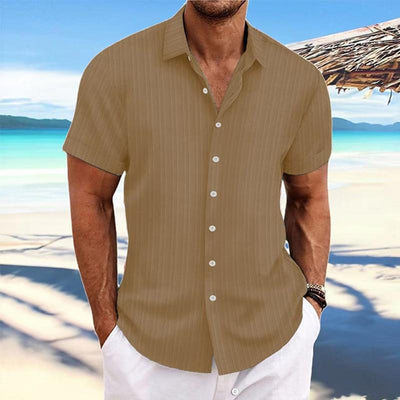Men's Cotn Linen Stripe Print Loose Short Sleeve Lapel Shirt