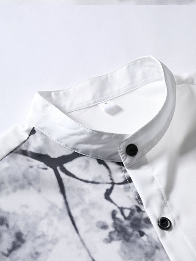 Algie® | Traditional Oriental Ink Painting Print Stand Collar Shirt