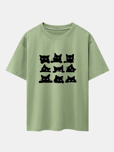 Zacarías® | Black Cat Staring Print Drop Shoulder Oversize T-Shirt