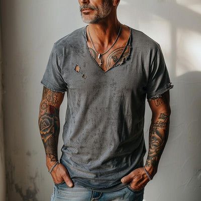 Men's Distressed Ripped Raw Edge V-Neck Short-Sleeved T-Shirt