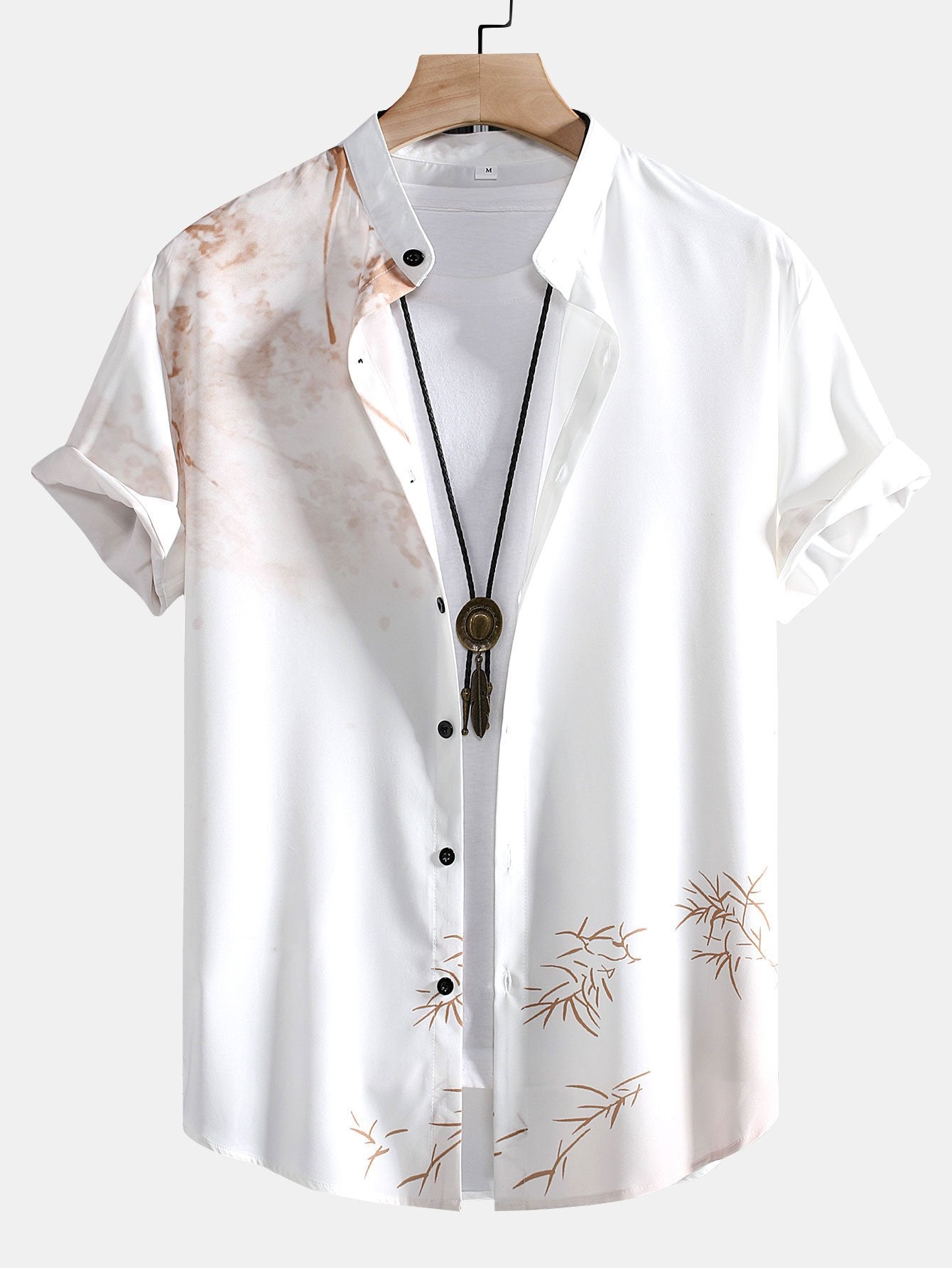 Malik® | Traditional Oriental Ink Painting Print Stand Collar Shirt