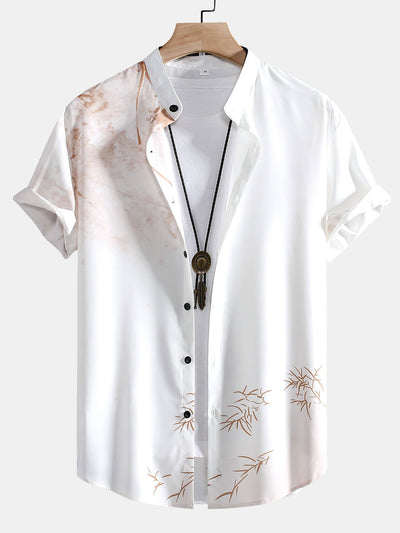 Malik® | Traditional Oriental Ink Painting Print Stand Collar Shirt