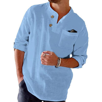 Men's Cotn Linen Loose Casal Solid Color Roll-p Sleeve Long-sleeved Shirt