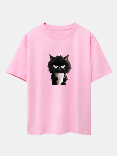 Augusto® | Black Cat Drinking Coffee Print Drop Shoulder Oversize T-Shirt