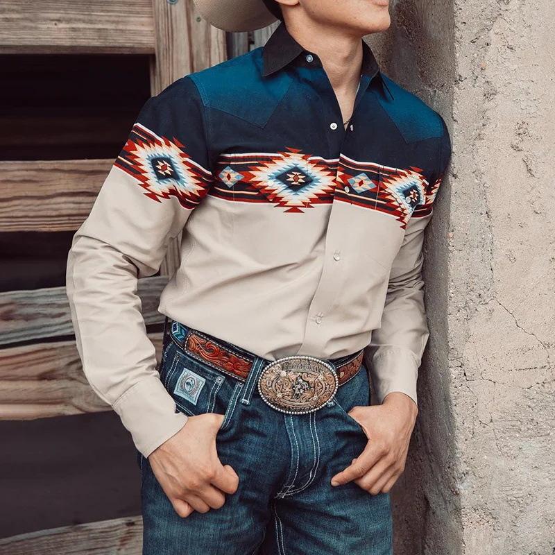 Men's Western DeniPrint Lapel Long Sleeve Shirt