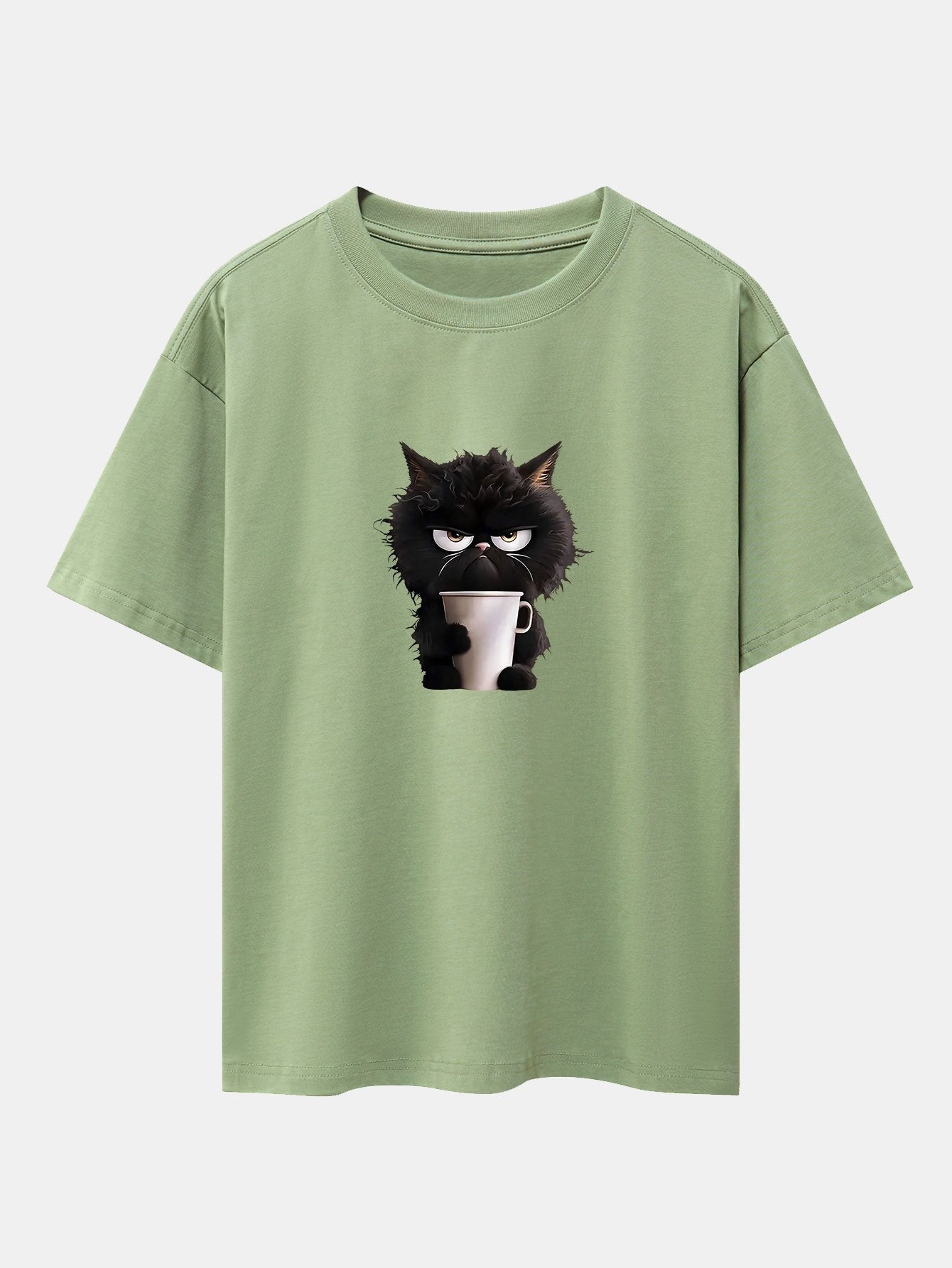 Augusto® | Black Cat Drinking Coffee Print Drop Shoulder Oversize T-Shirt