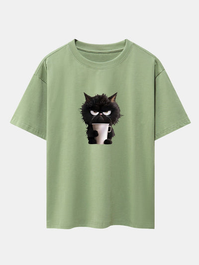 Augusto® | Black Cat Drinking Coffee Print Drop Shoulder Oversize T-Shirt