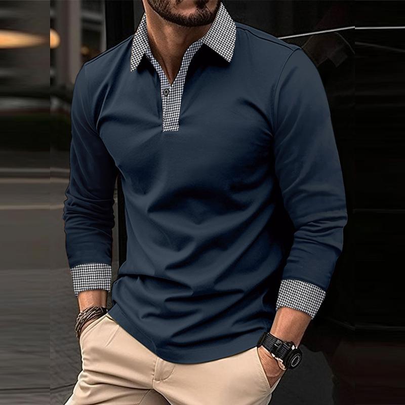 Men's Casal Plaid Patchwork Long-Sleeved Polo Shirt