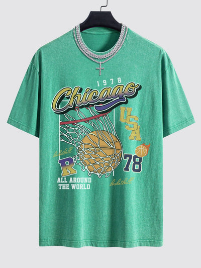 Lino® | Chicago Basketball Print Washed Drop Shoulder Oversize T-Shirt
