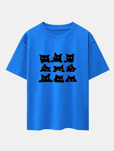 Zacarías® | Black Cat Staring Print Drop Shoulder Oversize T-Shirt