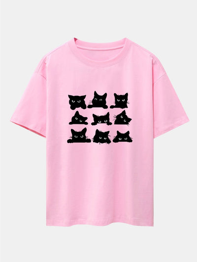 Atanasio® | Black Cat Staring Print Drop Shoulder Oversize T-Shirt