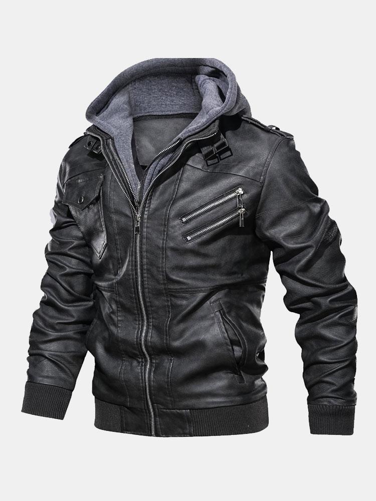 Hawke | Detachable Hooded Zip Up PU Leather Jacket