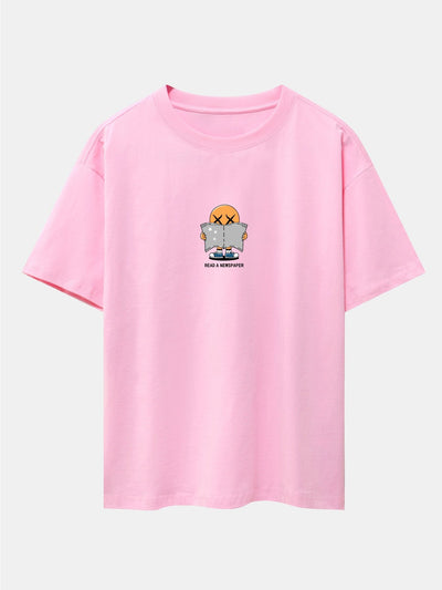 Jesús® | Cartoon Smiley Read Newspaper Print Drop Shoulder Oversize T-Shirt