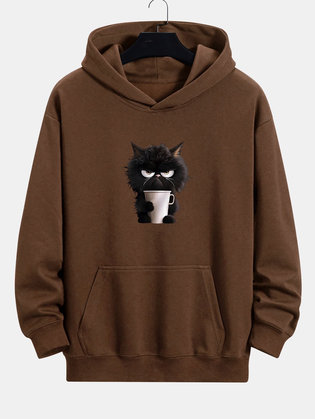 Donald | Black Cat Drinking Coffee Print Relax Fit Hoodie