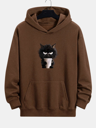 Donald | Black Cat Drinking Coffee Print Relax Fit Hoodie