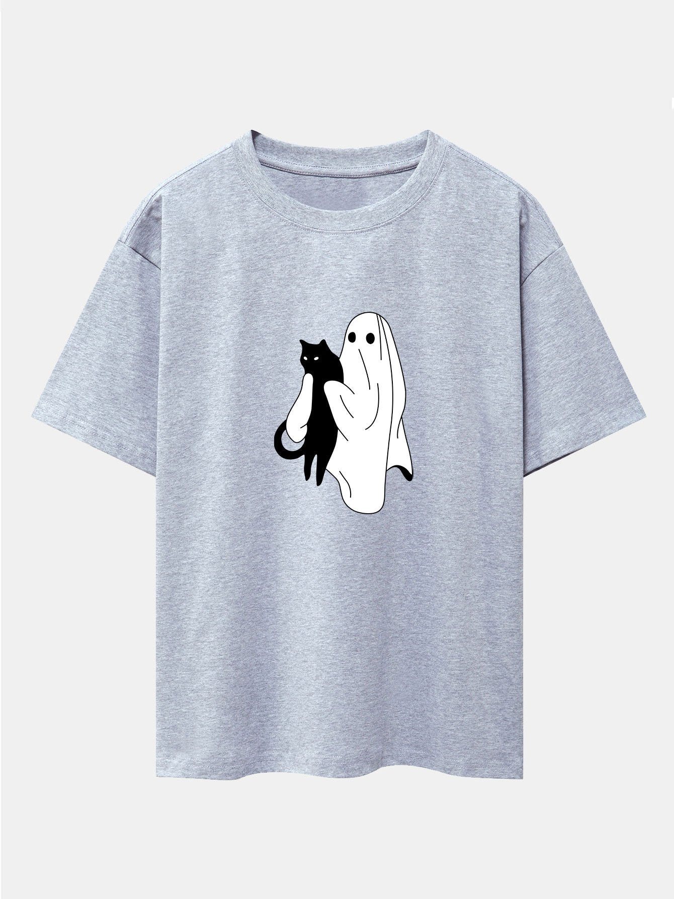 Aurelio® | Ghost Black Cat Print Drop Shoulder Oversize T-Shirt