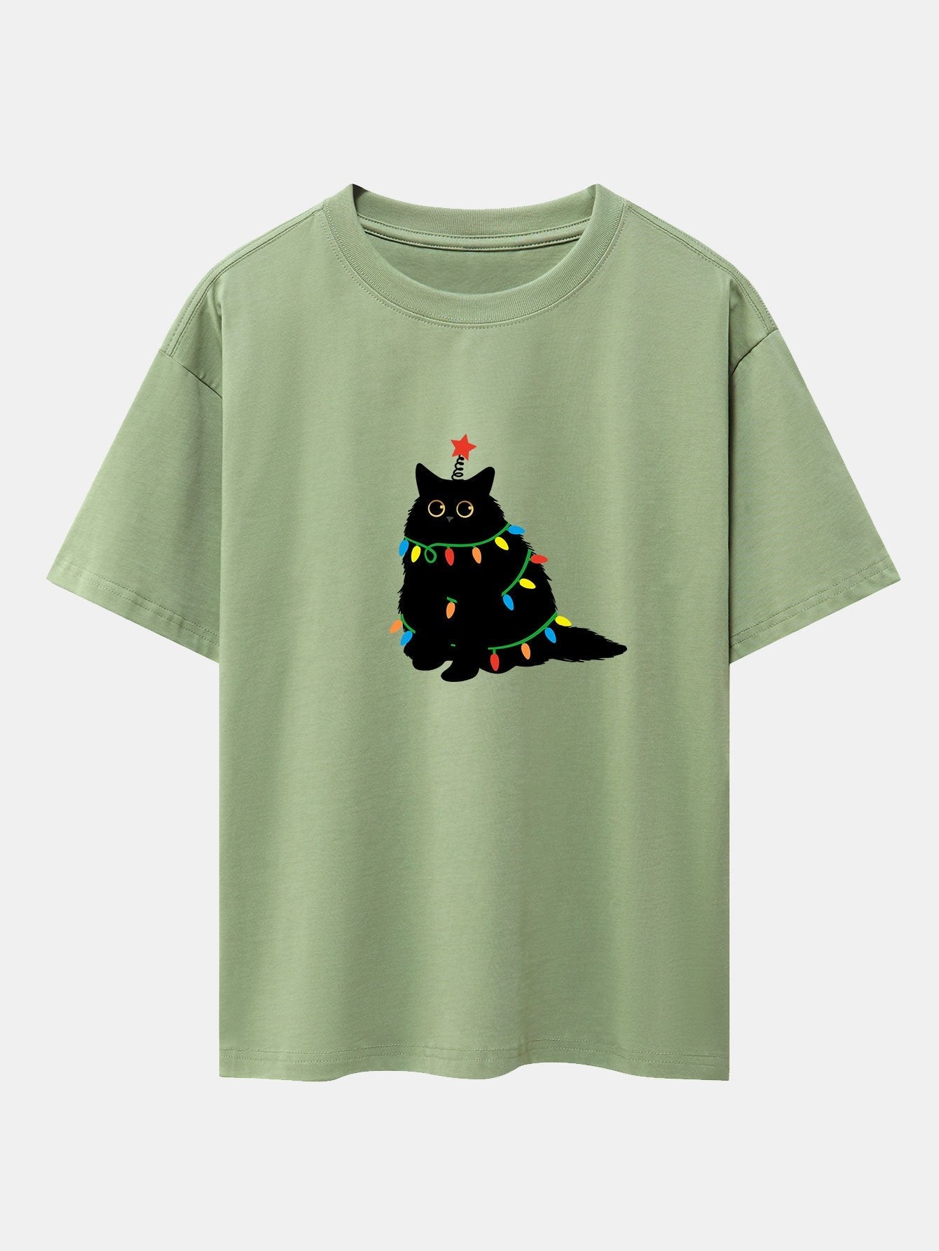 Juan® | Christmas Lights Black Cat Print Drop Shoulder Oversize T-Shirt