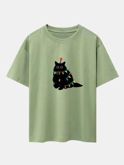 Juan® | Christmas Lights Black Cat Print Drop Shoulder Oversize T-Shirt