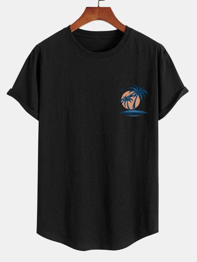 Brian® | Palm Tree Seagull Print Cotton Arc Hem T-Shirt