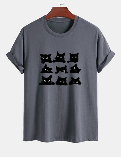 Arán® | Black Cat Staring Print Cotton T-Shirt