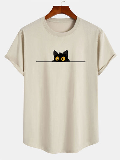 Neil® | Black Cat Print Cotton Arc Hem T-Shirt
