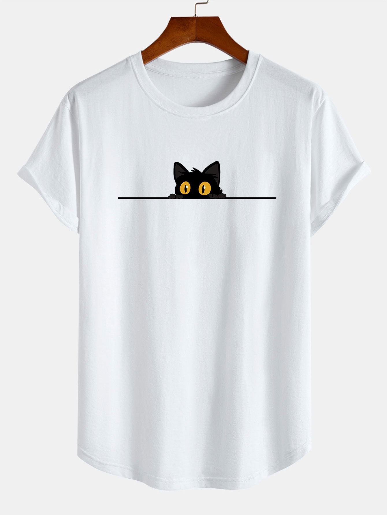 Axel® | Black Cat Print Cotton Arc Hem T-Shirt