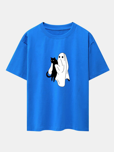 Aurelio® | Ghost Black Cat Print Drop Shoulder Oversize T-Shirt