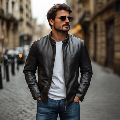 Men's Elegant Stand Collar SliZipper Leather Jacket