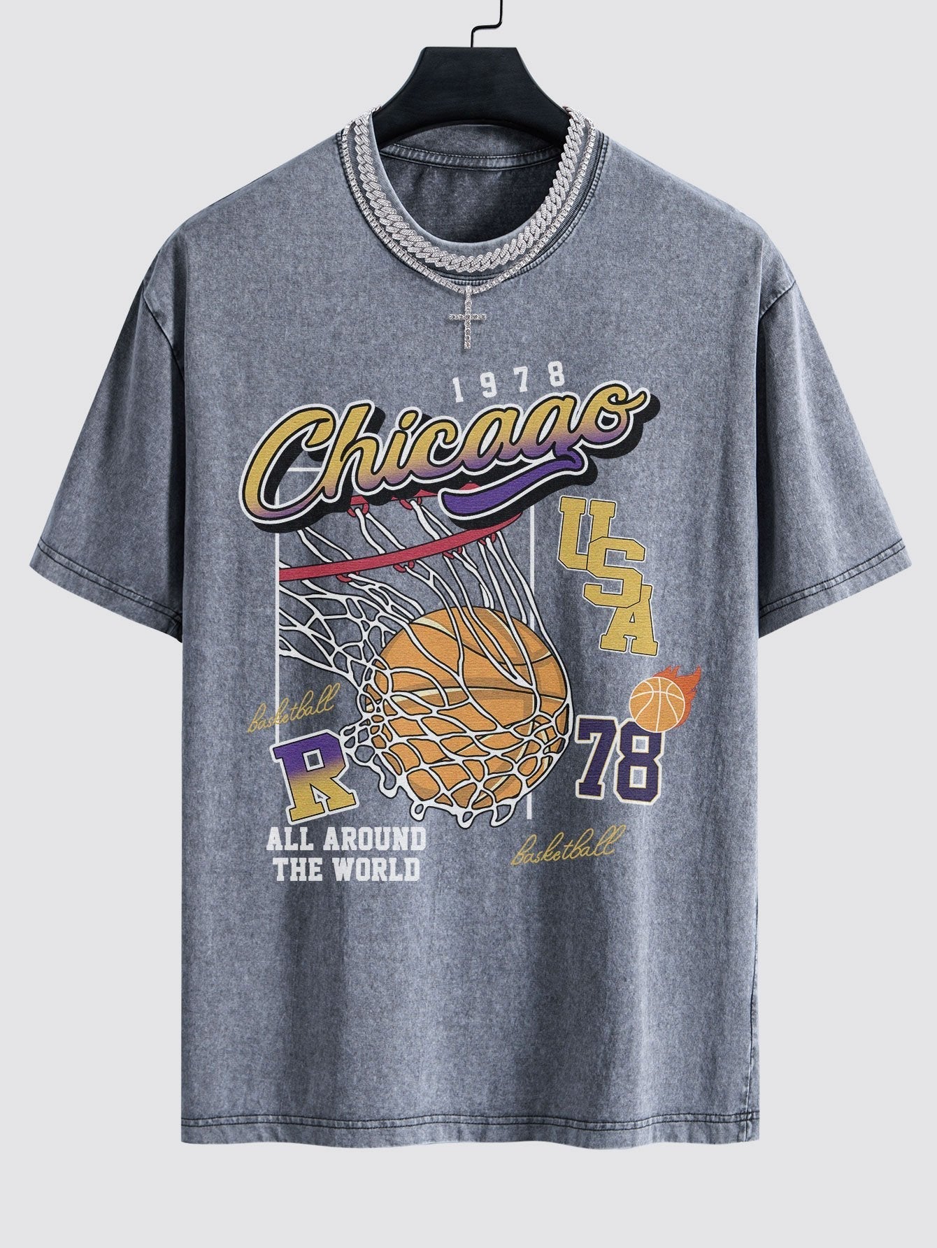 Alfonso® | Chicago Basketball Print Washed Drop Shoulder Oversize T-Shirt