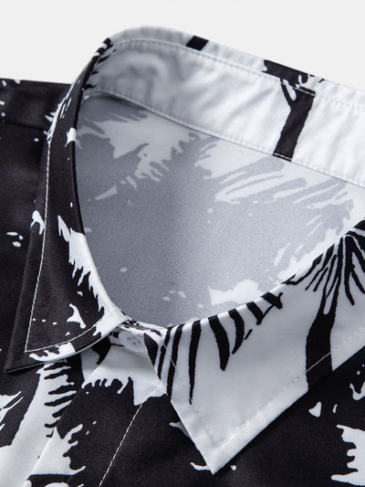 Admeto® | Palm Trees Print Button Up Shirt & Striped Print Swim Shorts