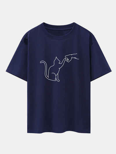Asier® | Fist Bump Cat Print Drop Shoulder Oversize T-Shirt