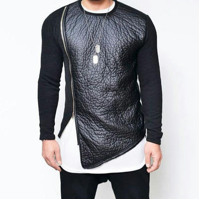 Men's Fax Leather Stitchingip-p Rond Neck Long-sleeved T-shirt（Internal T-shirt not inclded)
