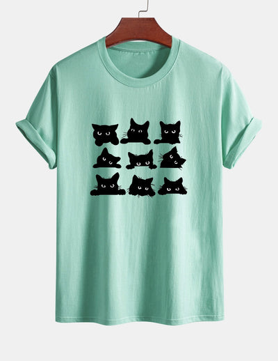 Arán® | Black Cat Staring Print Cotton T-Shirt