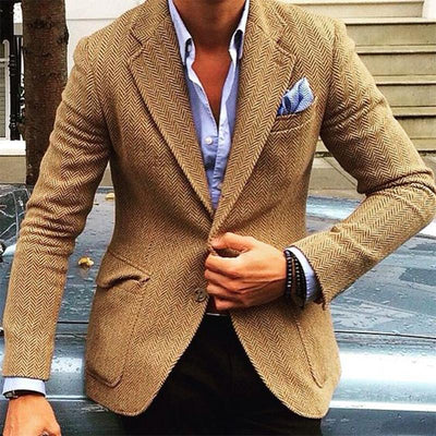 Men's Vine Herringbone Wool Blend Lapel Single Breasted Blazer