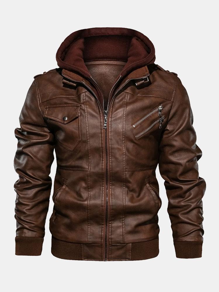 Hawke | Detachable Hooded Zip Up PU Leather Jacket
